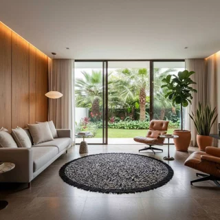 فرش گرد مراکشی رنگ سفید مشکی قطر ۱.۵ متر
